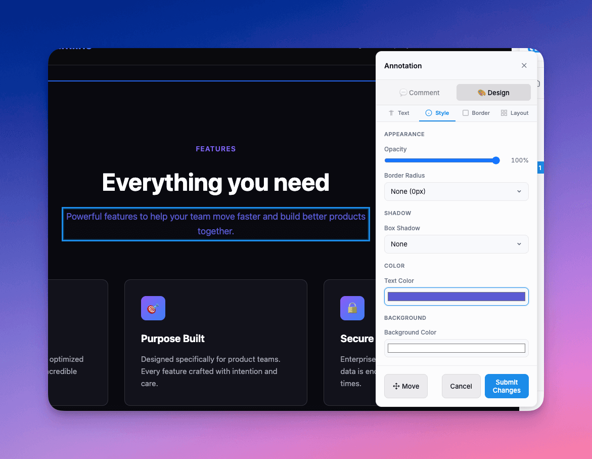 Design mode showing real-time visual editing interface