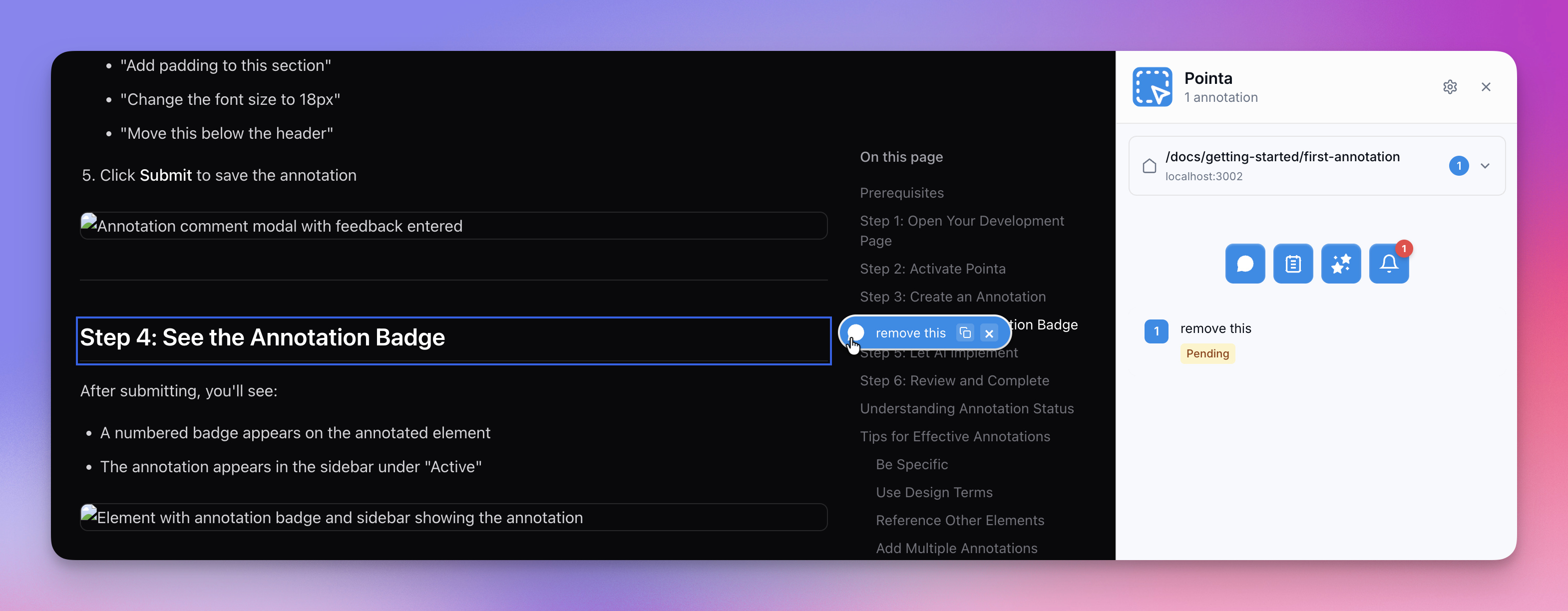Element with annotation badge and sidebar showing the annotation