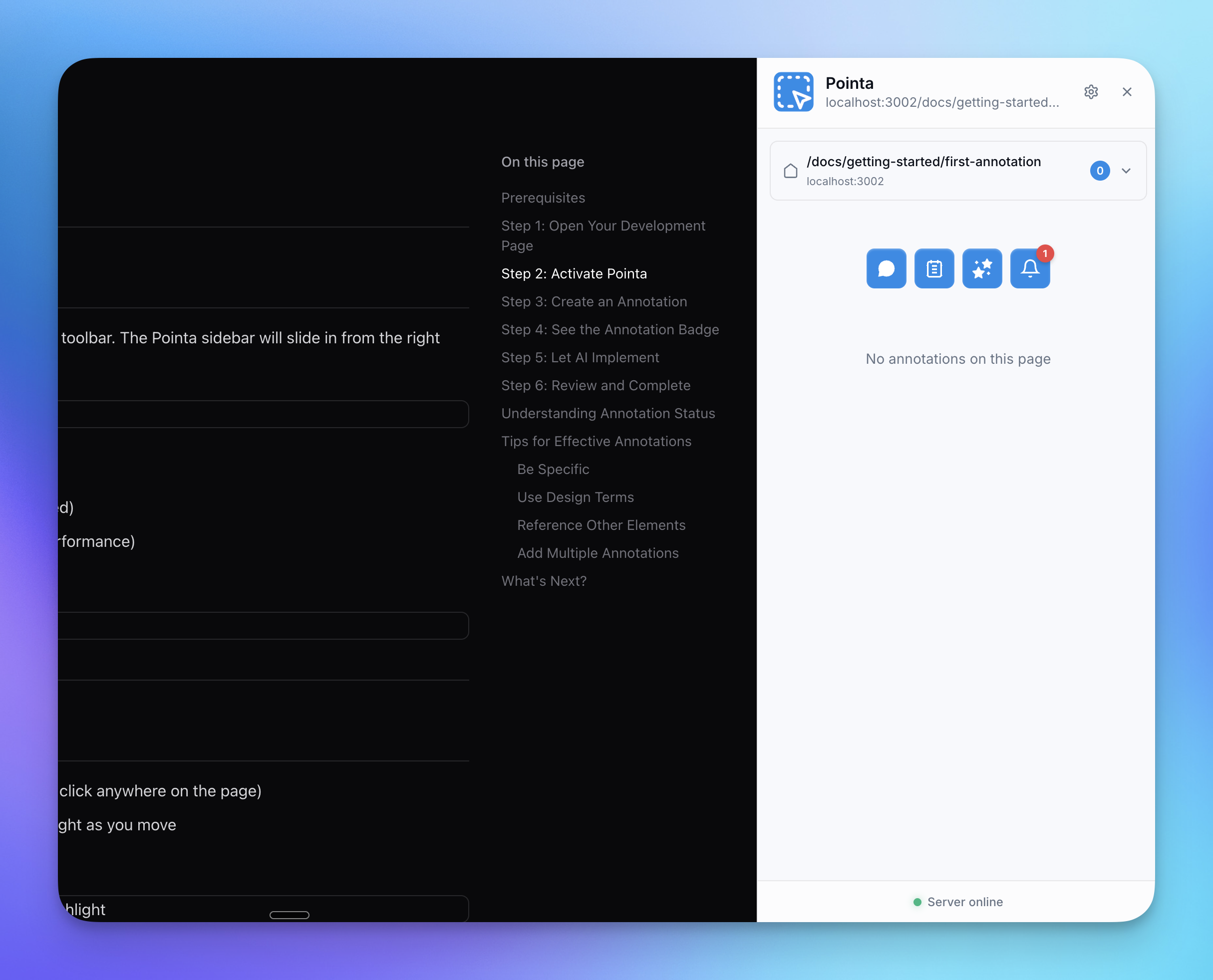 Pointa sidebar in its initial state