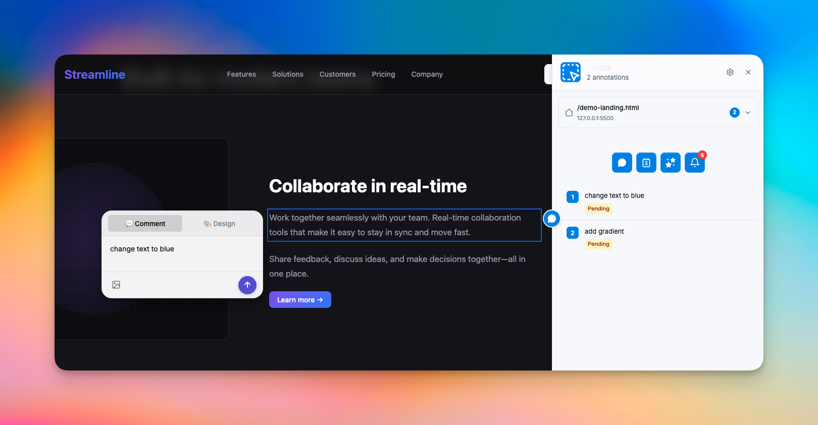 Pointa sidebar appearing on a localhost development page